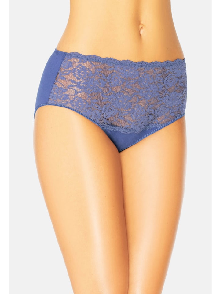 Hohe Taille Baumwollslip mit floraler Spitze Violetta in blau