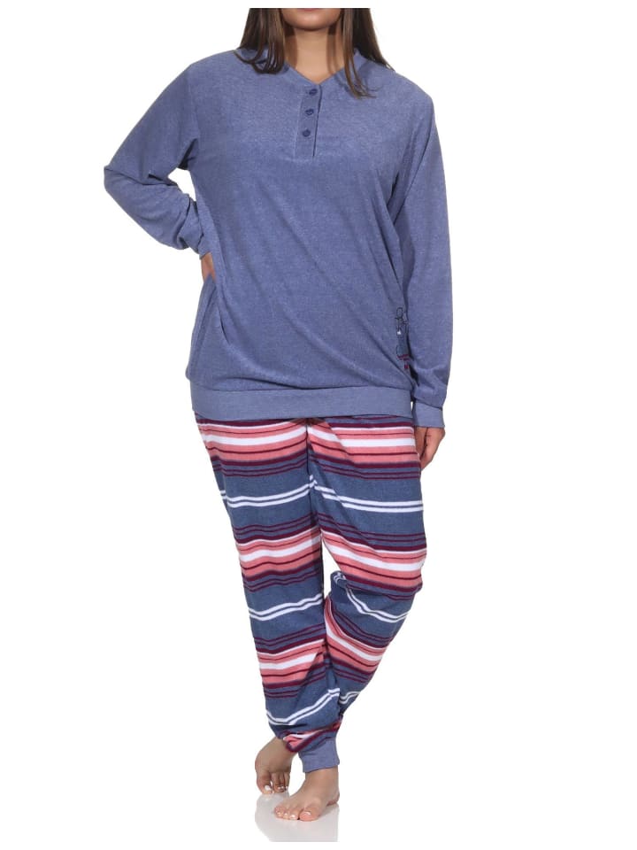 Frottee Schlafanzug lang Bündchen Hose gestreift - 81799 in blau