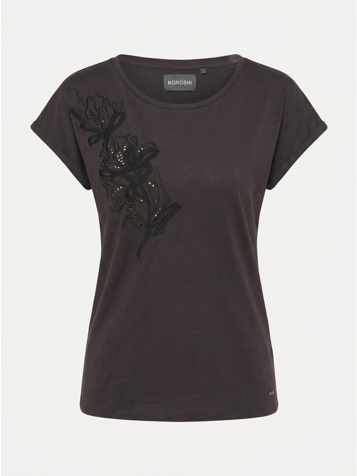 Besticktes kurzärmeliges Damen-T-Shirt in Schwarz