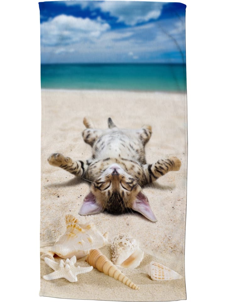 Velours-Frottier Strandtuch Beachcat in beige/blau