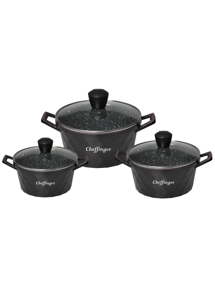 3er-Set Aluguss Kochtopf mit Glasdeckel in Schwarz