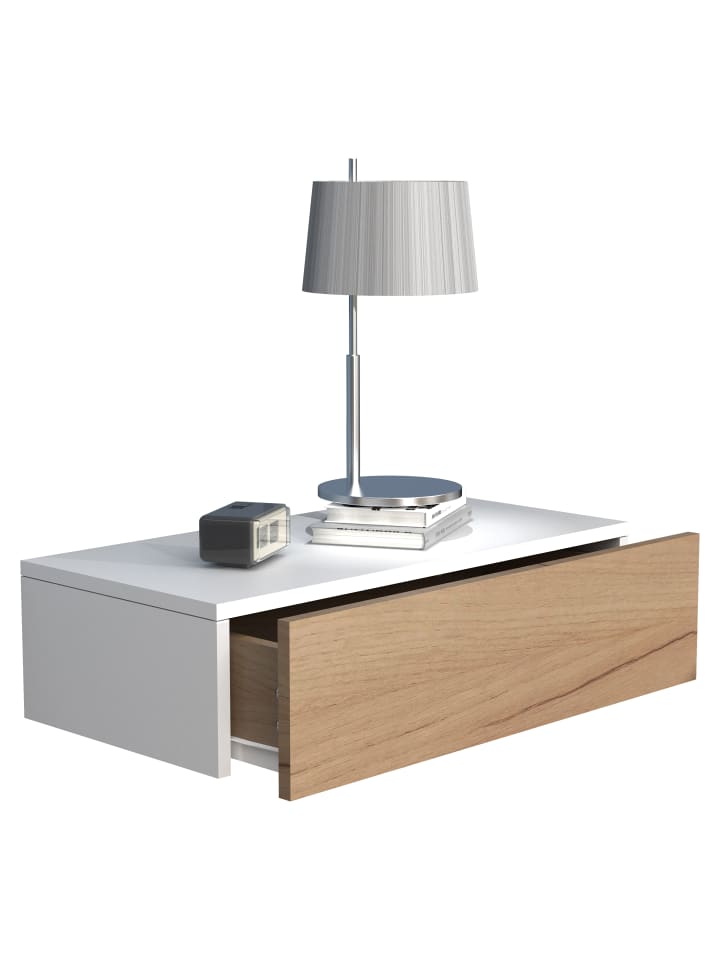 Holz Wandschublade Wand Hänge Nachttisch Usal M60 in Weiß / Honig-Eiche