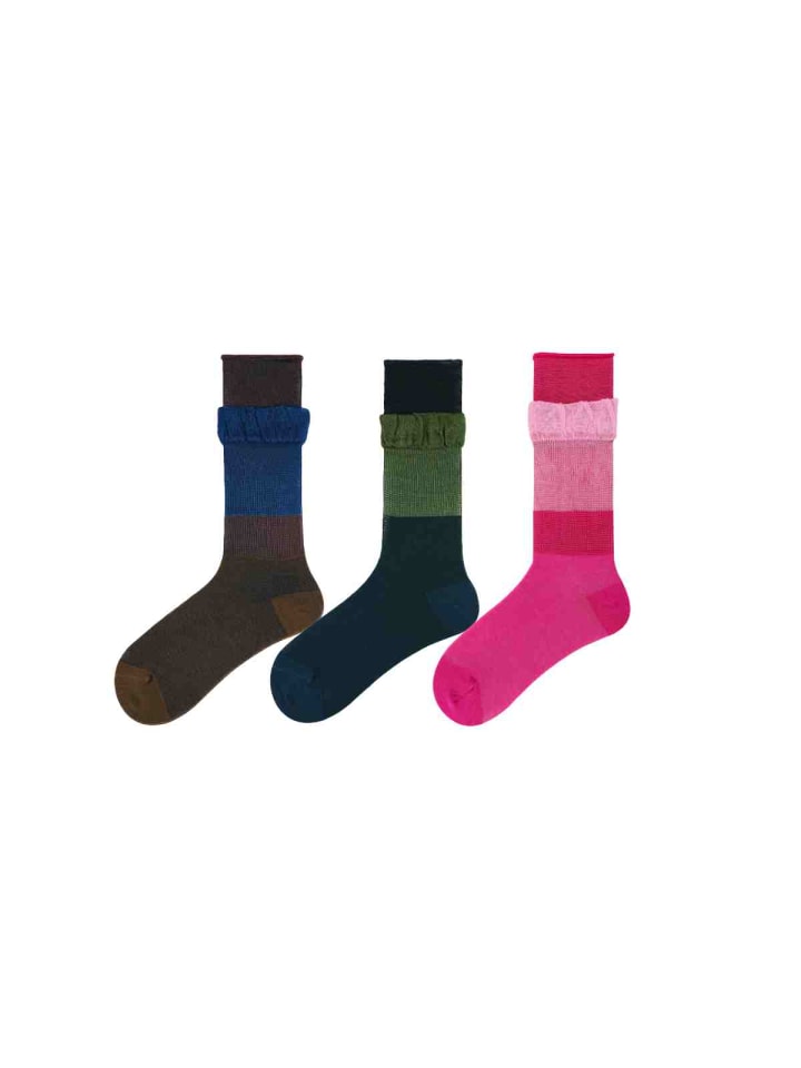 3er-Set Seidenglanz RüschensockenSocken in Braun/Navy/Pink