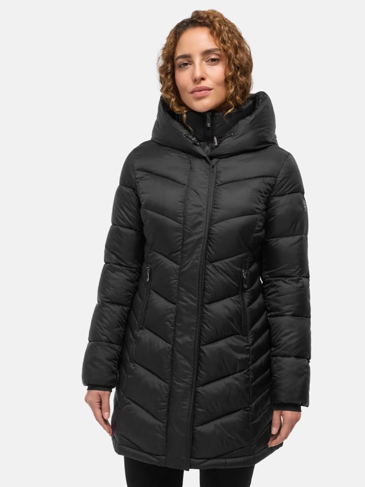 Steppmantel "F809" - mit Kapuze - in Schwarz