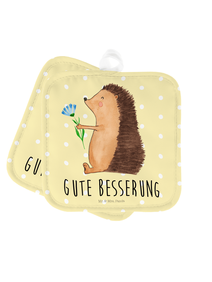 Topflappen Igel Blumen mit Spruch in Gelb Pastell