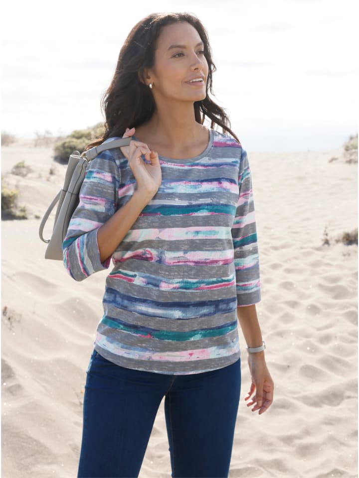 Rundhals-Shirt in steingrau-aquapetrol-bedruckt