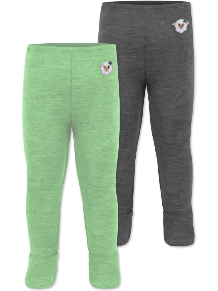 2er Pack Baby Merino Unterhose mit Füßen in Anthrazit/Grün