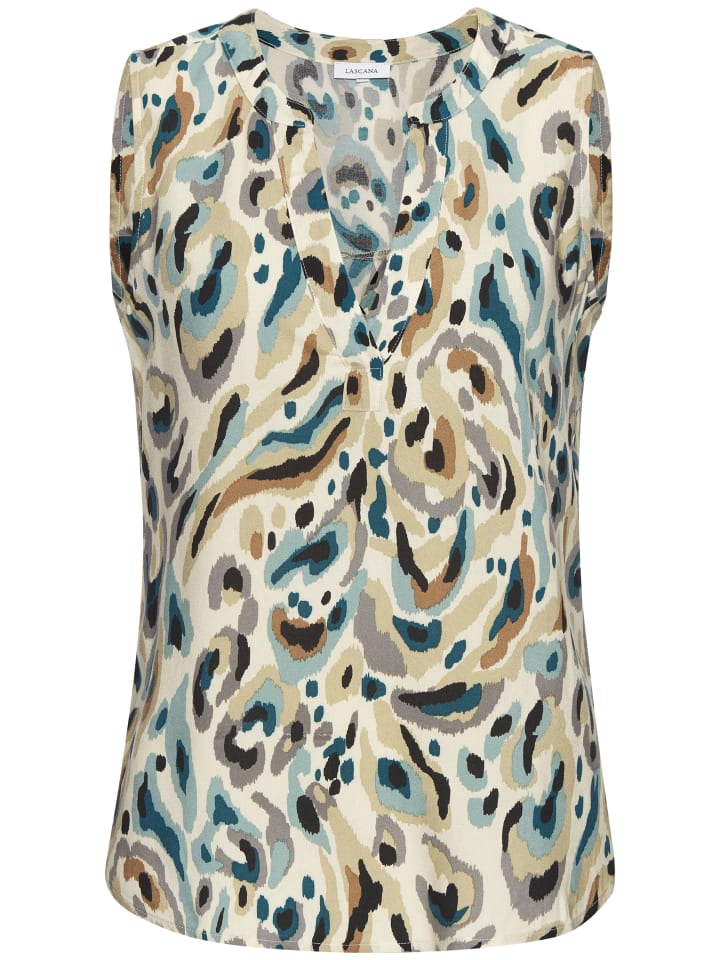 Blusentop in sand-blau-khaki bedruckt