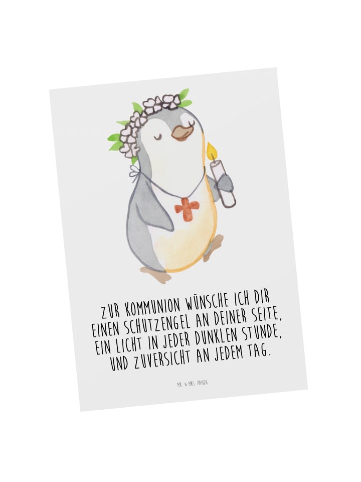 Postkarte Pinguin Kommunion  mit Spruch in Weiß
