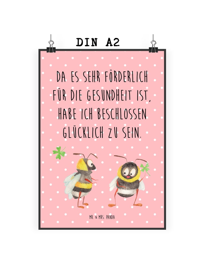 Poster Hummeln Kleeblatt mit Spruch in Rot Pastell
