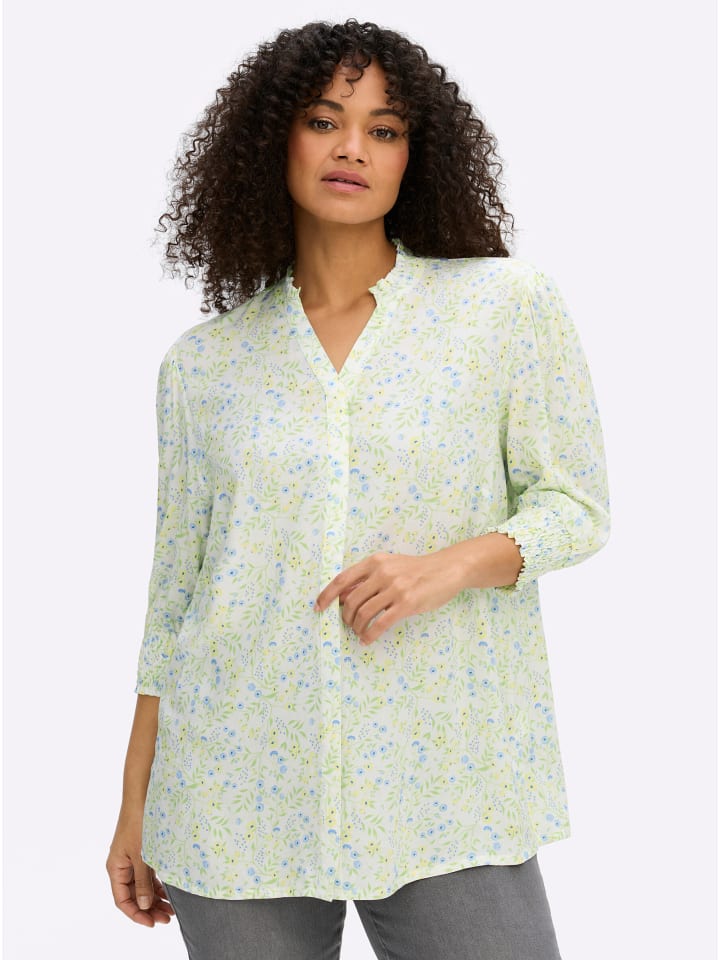 3/4-Arm-Bluse in ecru-eisblau-gemustert
