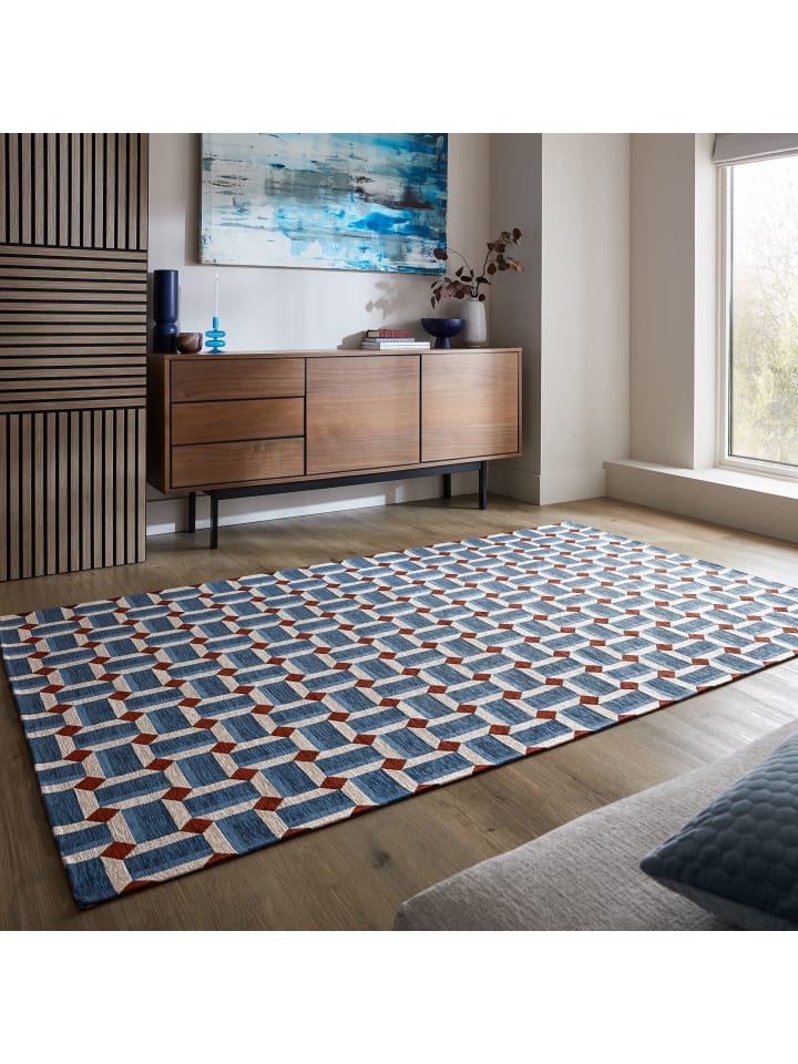Teppich Flachgewebe Pflegeleicht COQUET Würfel Muster Wohnzimmer Modern in Blau