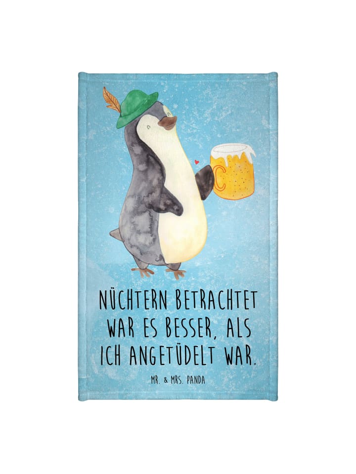 Handtuch Pinguin Bier mit Spruch in Eisblau