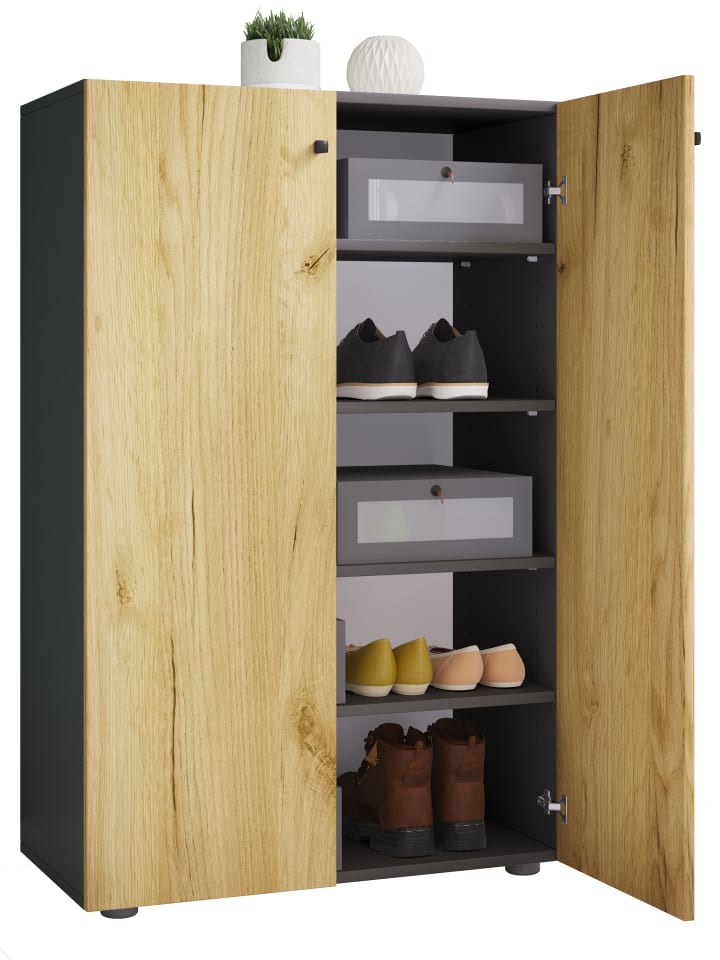 XL Holz Großer Schuhschrank Schuhkommode Lona 5 in Anthrazit / Honig-Eiche