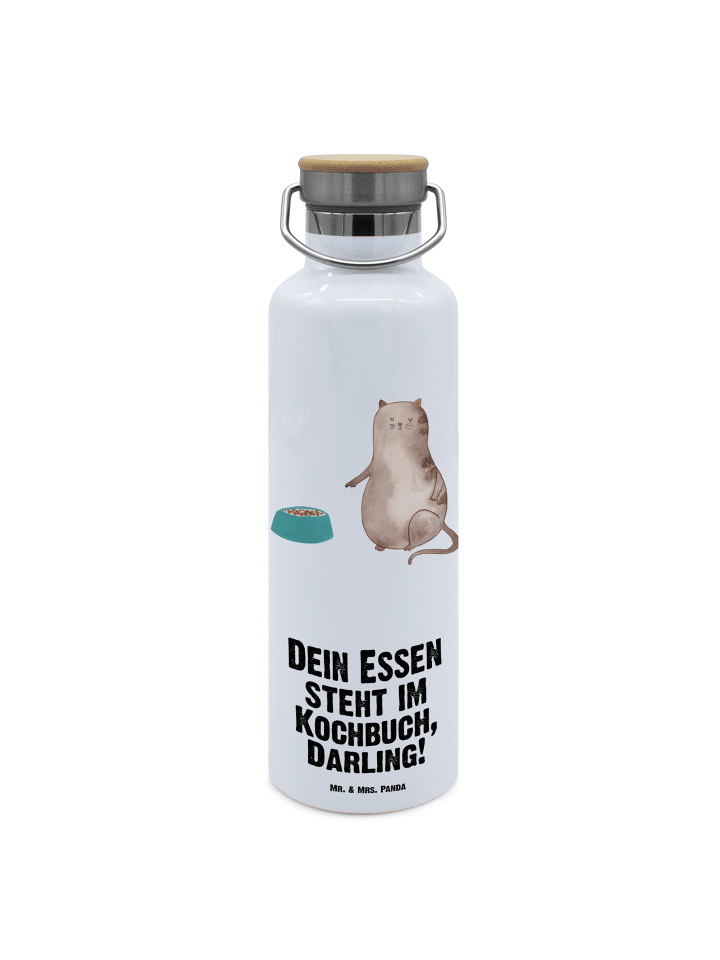 Trinkflasche Edelstahl Katze Fressen mit Spruch in Weiß