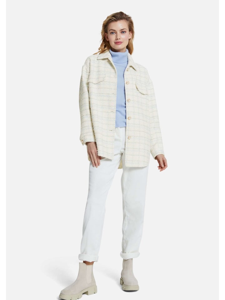 Elegante Longjacke in wollweiß / himmelblau