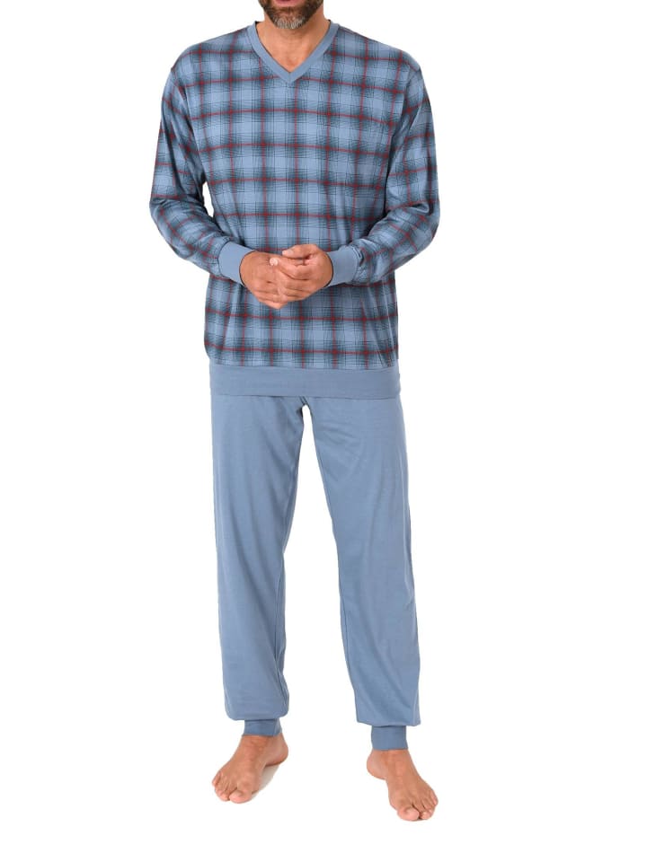 Langarm Schlafanzug Bündchen Jersey und karierten Pyjama Oberteil in blau