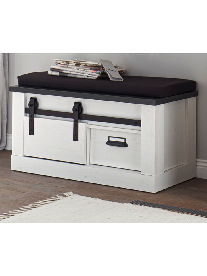 Garderobenbank weiß Pinie, anthrazit Landhaus, Flur Sitzbank 93 x 46 cm