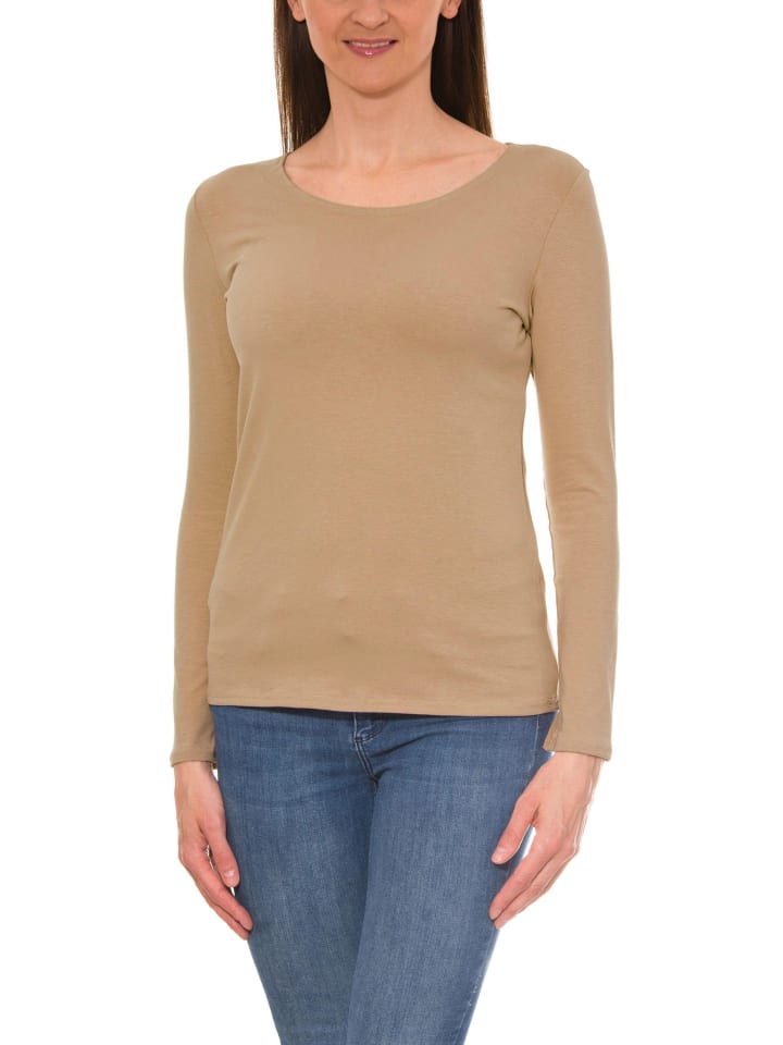 Alkato Damen Langarm Shirt mit O-Ausschnitt in beige/schwarz