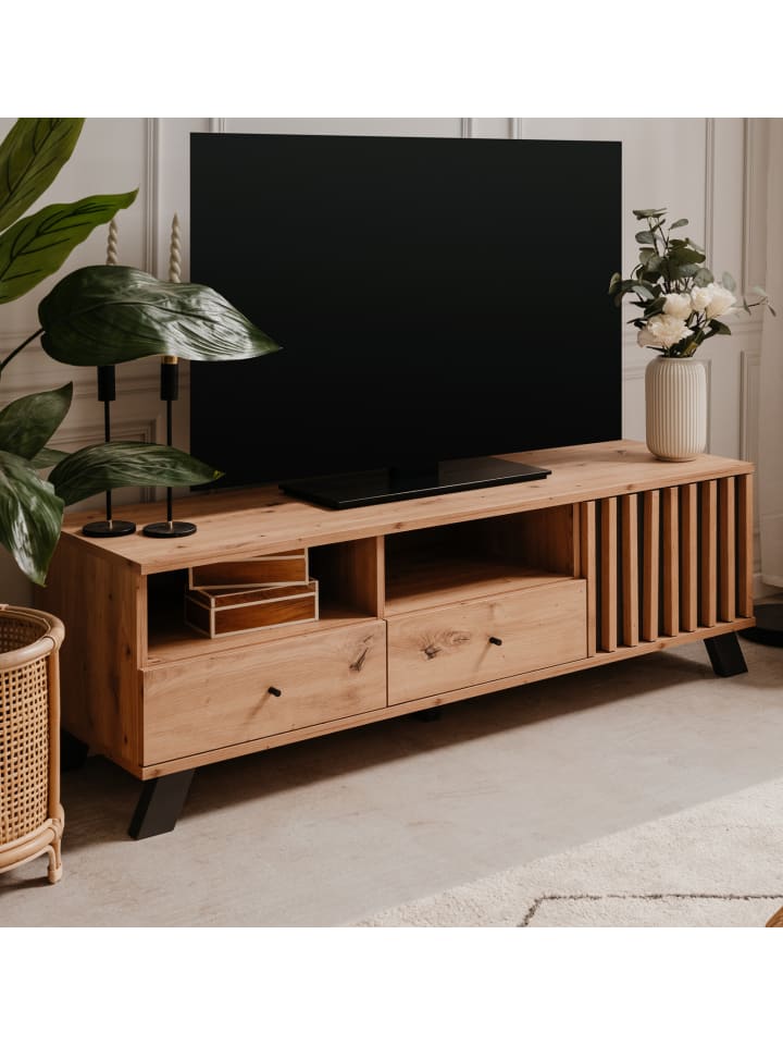 TV-Lowboard Eiche Artisan, grau 138 cm, Fernsehtisch mit 3D Lamellen