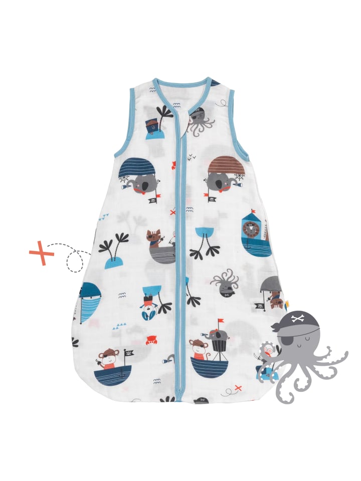 Musselin Babyschlafsack, 0.5 TOG in Hellblau-Rot