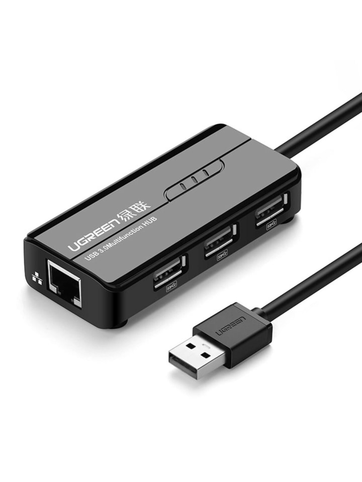 Adapter HUB in Schwarz USB-A auf EthernetRJ45) und Netzwerkadapter in Schwarz