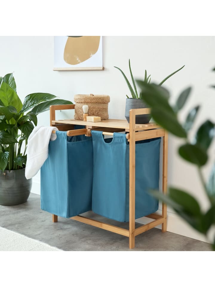 Wäschekorb Bambus 73x64x33cm blau 2 Wäschesäcke ausziehbar Blau
