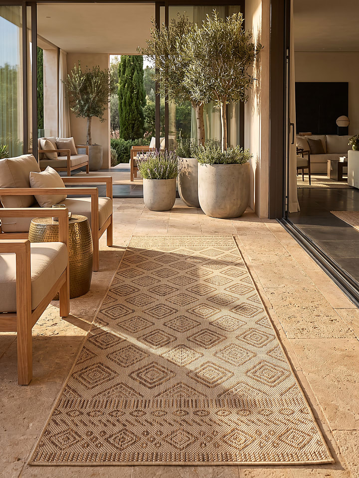 Outdoor-Teppich VIGOLENO Rauten Flachgewebe gekettelt in Beige-Braun