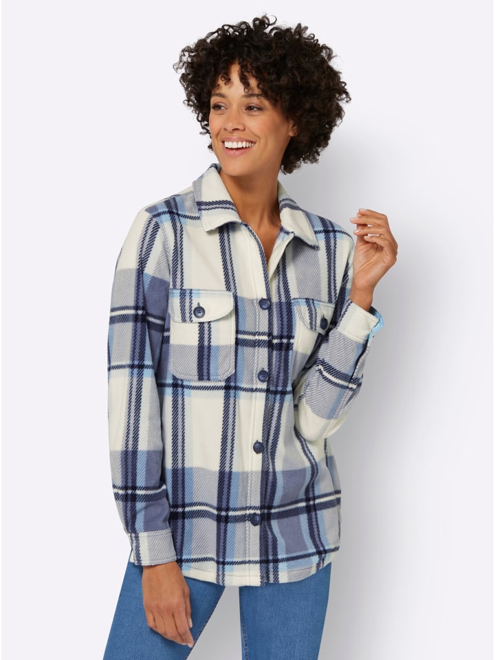 Fleece-Bluse in champagner-taubenblau-kariert