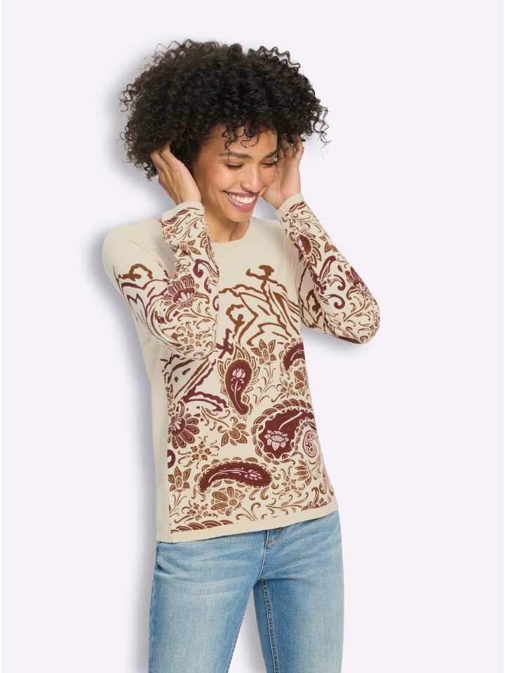 Druck-Pullover in dunkelrot-champagner-bedruckt