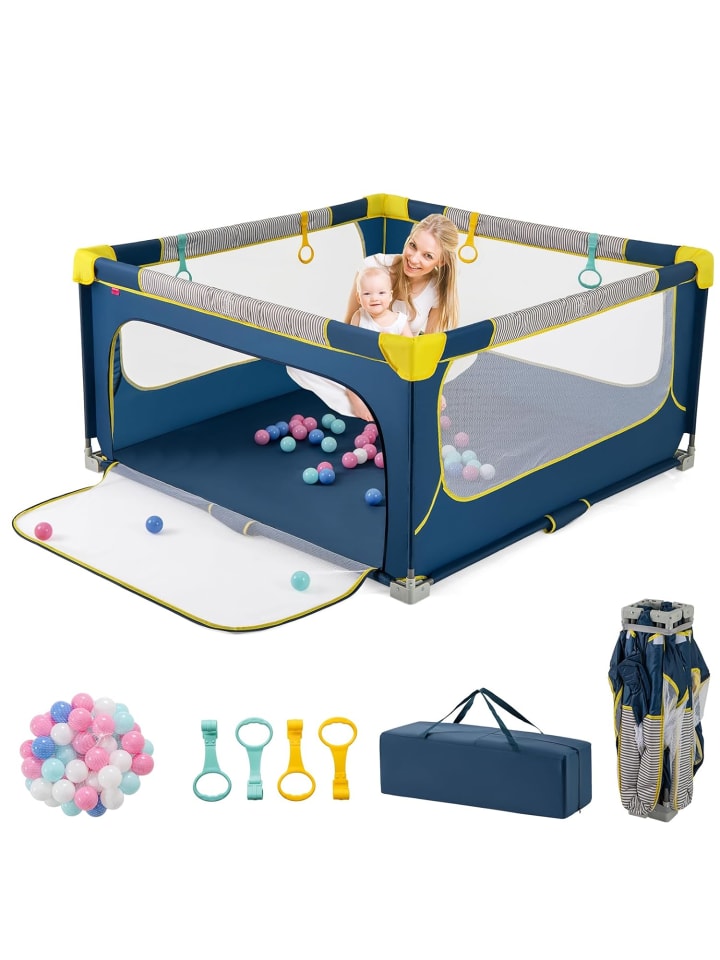 Laufgitter 150cm faltbar mit atmungsaktivem Netz & 50 Bälle in Blau
