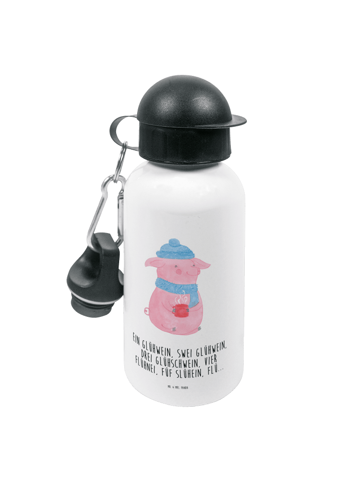Trinkflasche Schweinchen Glühwein mit Spruch in Weiß