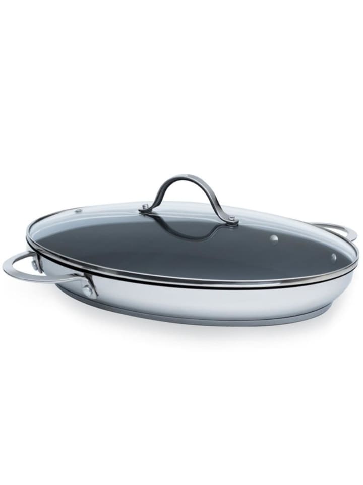 Fischpfanne mit Glasdeckel Edelstahl Induktion in Silber