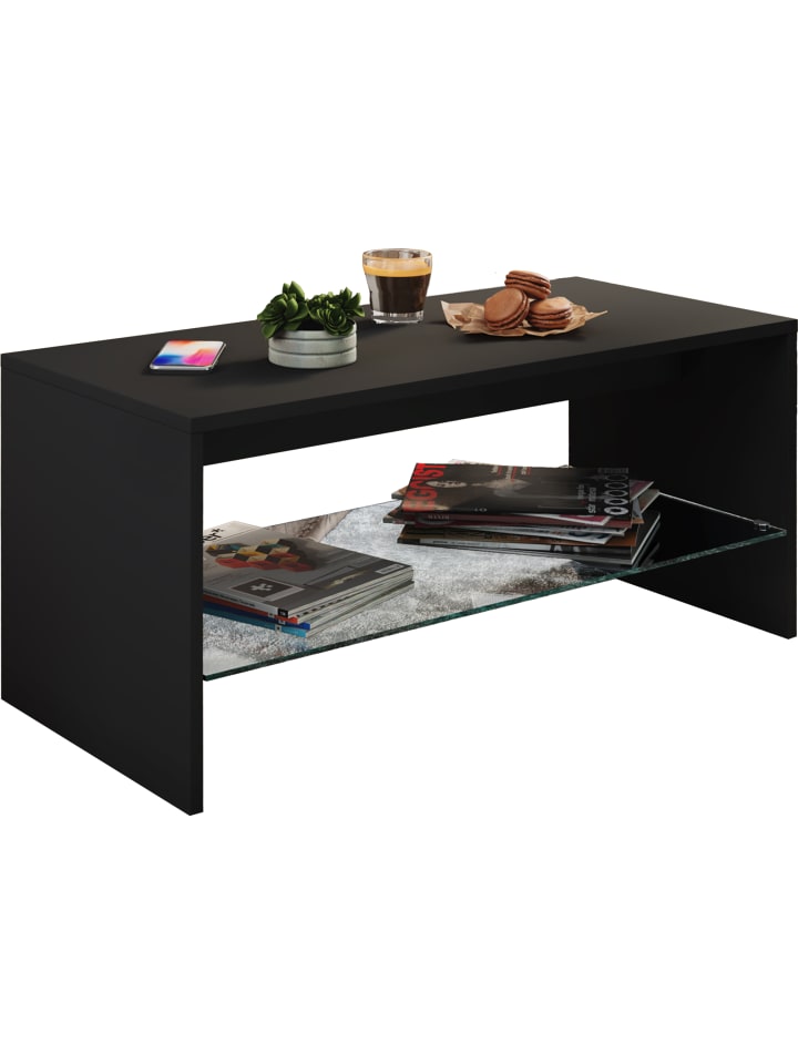 Holz Sofatisch Couchtisch Schublade Glas Wisal in Schwarz