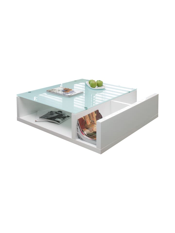 Couchtisch 100x100 cm aus MDF-Konstruktion und 12 mm Glasplatte in Weiß