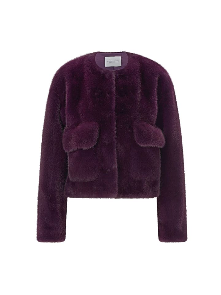 Boxy Faux Fur Jacket Collarless in Mulberry