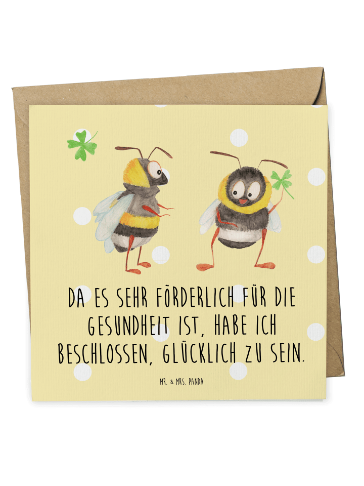 Grußkarte Hummeln Kleeblatt mit Spruch in Gelb Pastell