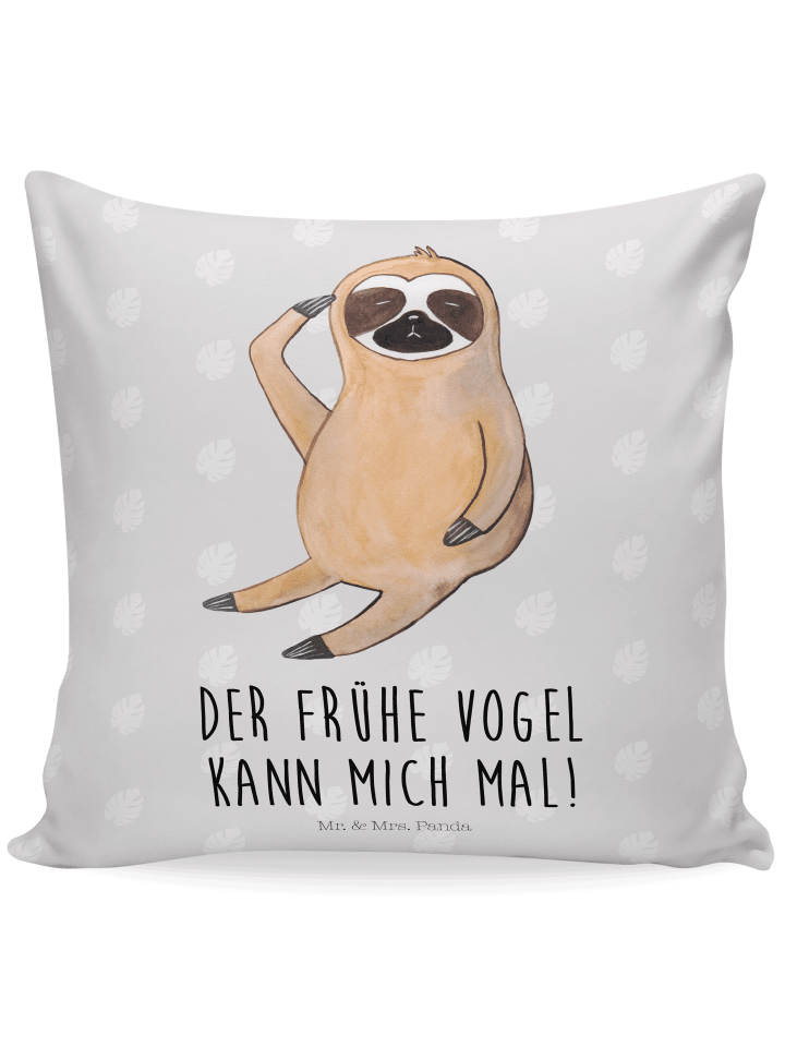 Kissen Faultier Vogel mit Spruch in Grau Pastell