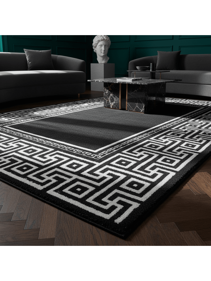 Teppich Kurzflor Waschbar Mäander DRAU Strapazierfähig OEKO-TEX in Schwarz