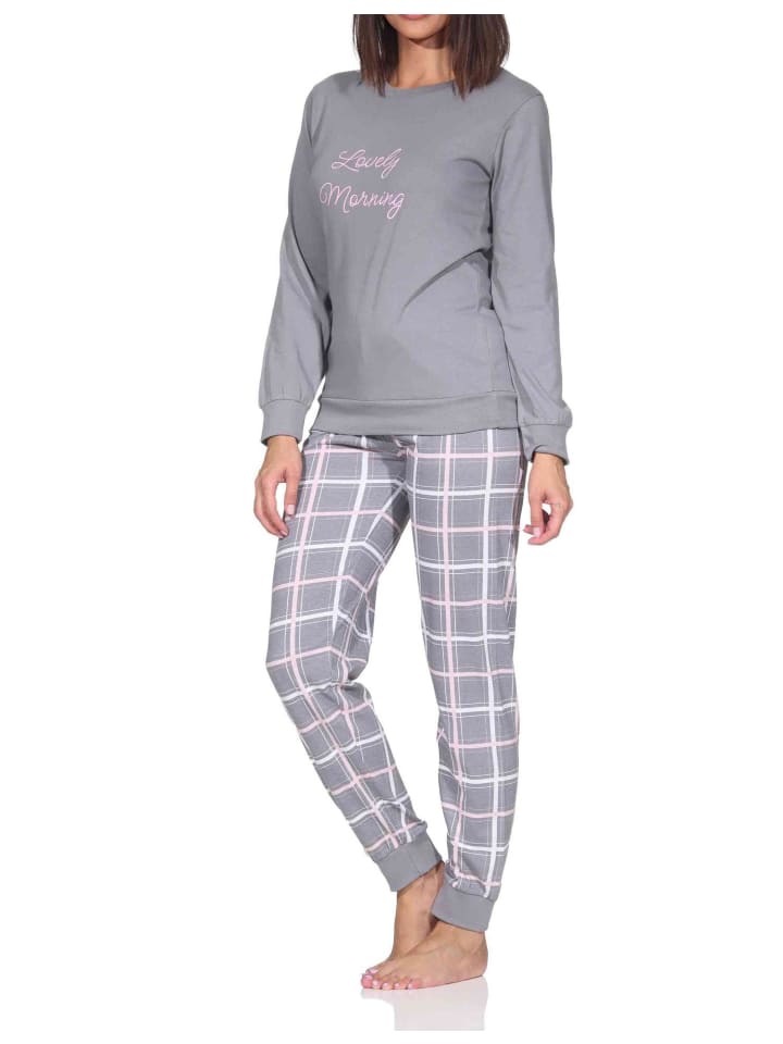 Schlafanzug Pyjama langarm Karo Hose Jersey in grau