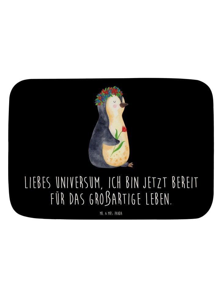 Badematte Pinguin Blumen mit Spruch in Schwarz
