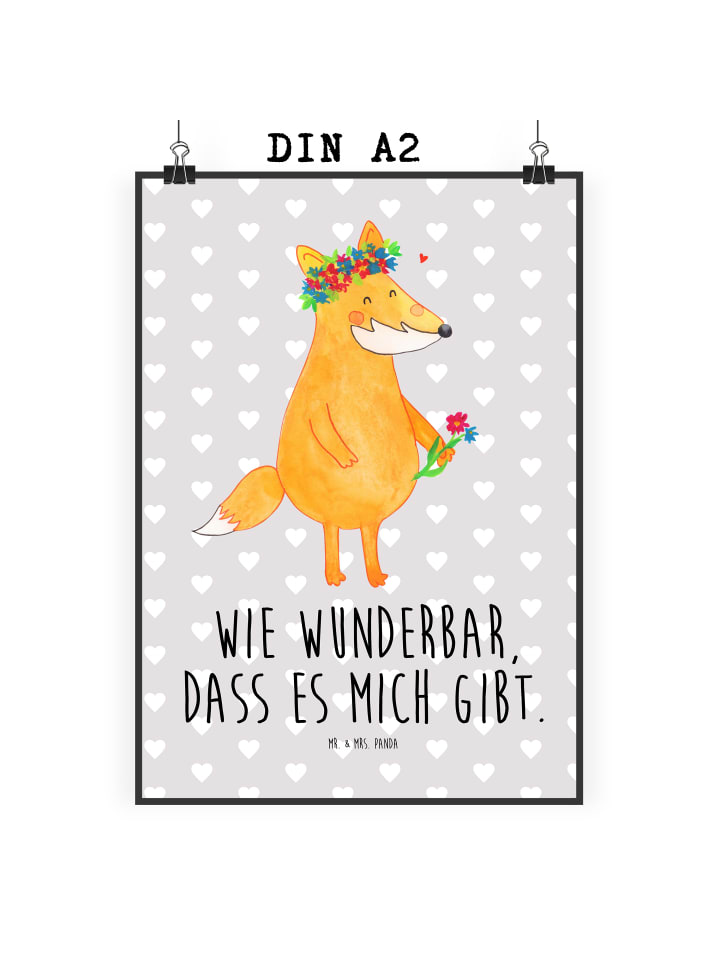 Wandbild Fuchs Blumen mit Spruch in Grau Pastell