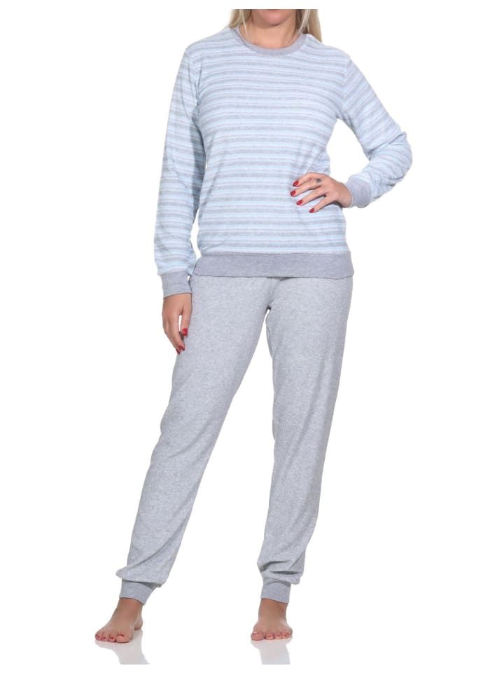 Frottee Schlafanzug langarm Pyjama Bündchen - 82749 in hellblau