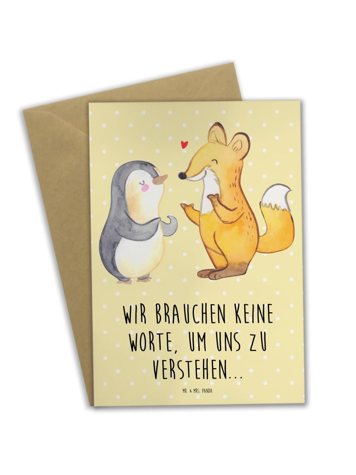 Grußkarte Fuchs & Pinguin gehörlos mit Spruch in Gelb Pastell
