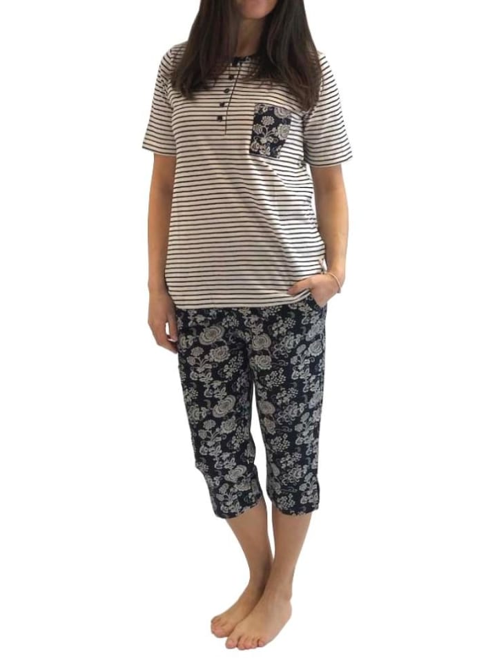 Capri Pyjama kurzarm Oberteil gestreift - 44584 in creme