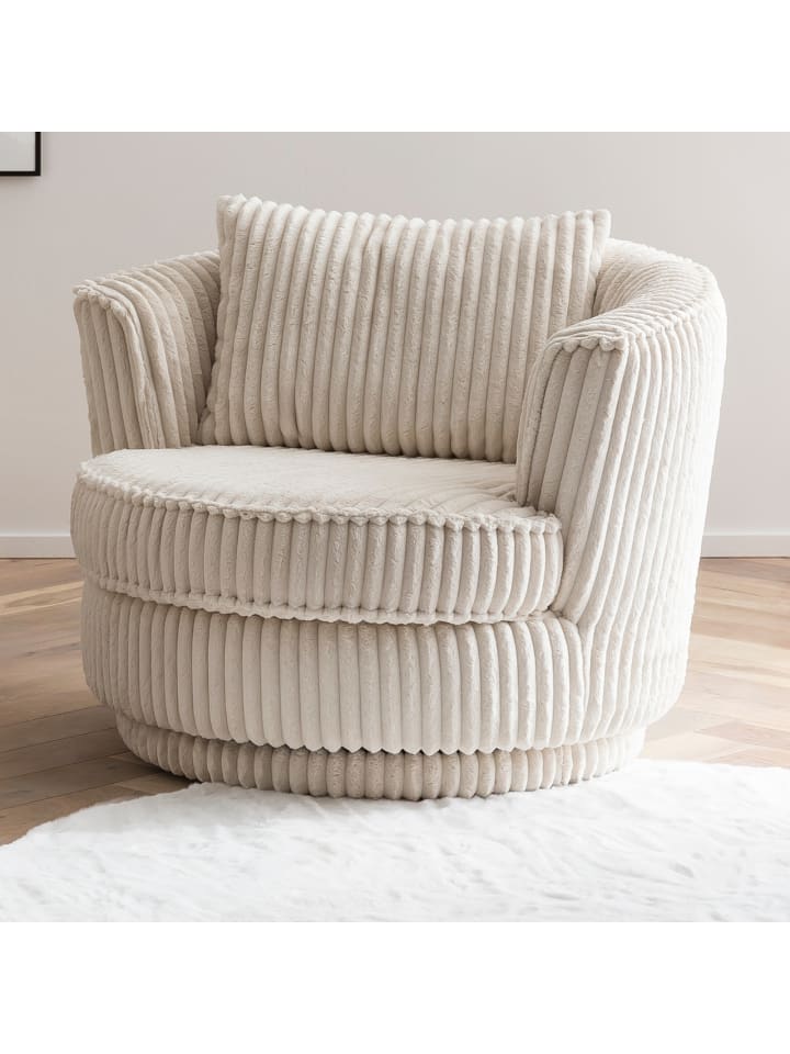 Big-Sessel Relaxsessel Cord creme wollweiß Ø 95 cm 360° drehbar inkl. Kissen