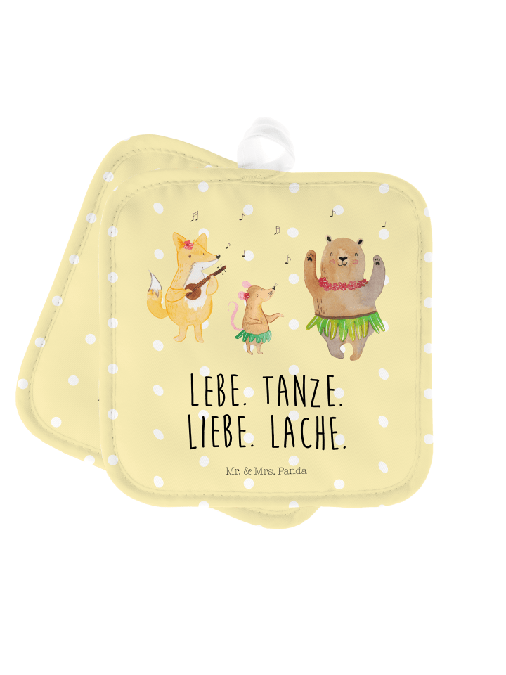 Topflappen Waldtiere Aloha mit Spruch in Gelb Pastell