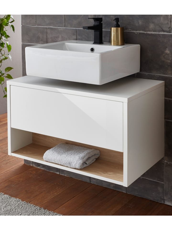Waschbeckenunterschrank weiß Hochglanz, Eiche 80 cm, Badschrank mit Push-to-Open