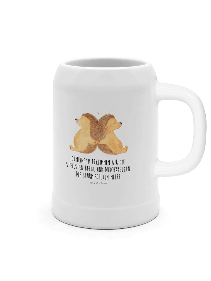 Bierkrug Igel händchenhaltend mit Spruch in Weiß