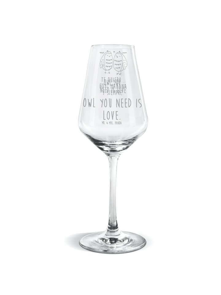 Weinglas Eulen Liebe mit Spruch in Transparent